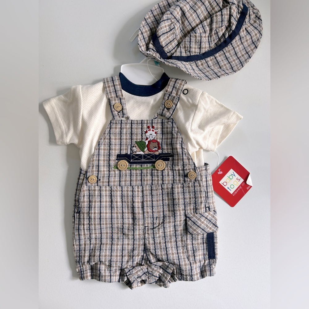 BABY TOGS Overalls Set/3 3/6M T-Shirt + Sun Hat Plaid Embroidered Friends NWT